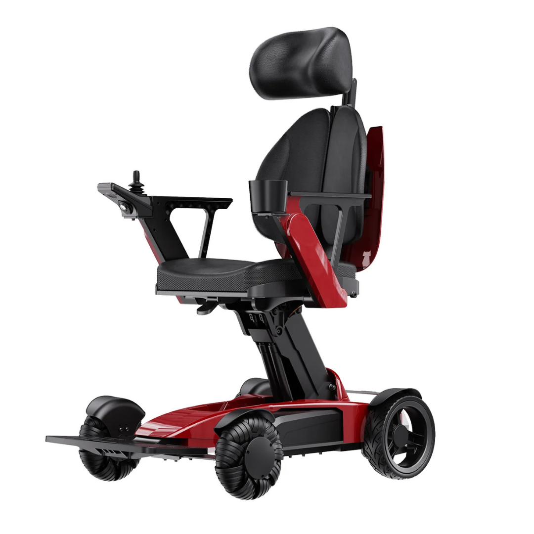 The Easwe™ L10 Luxury Electric Wheelchair features four wheels, a padded seat, armrests with a joystick control panel, headrest, and automatic adjustable seat height for modern comfort and easy operation.
